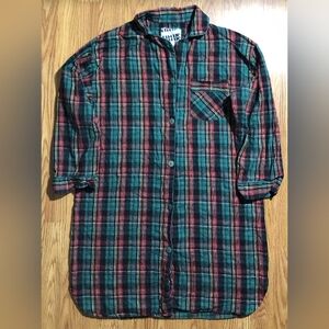 Vintage 90s ON CUE Brand Plaid Flannel Shirt / Nightgown / Tunic Women Medium